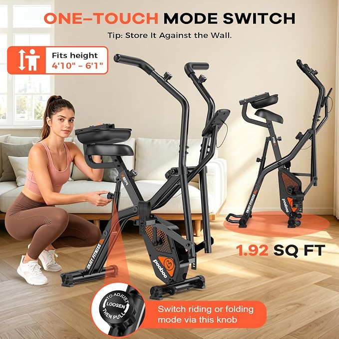 pooboo Folding Exercise Bike, Foldable Upright Stationary Bike, Indoor Cycling Magnetic X-Bike with 8-Level Adjustable Resistance, 6.6 LBS Flywheel, 300LB Capacity, Back Support Cushion for Home Gym