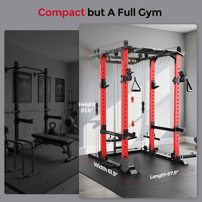 SPORTSROYALS Power Rack, Multi-Functional Power Cage, Squat Rack with Pulley System & LAT Pull Down, Workout Cage with J Hooks for Home Gym