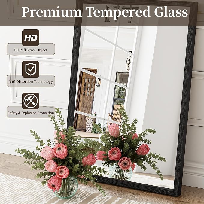 Syndra Black Wood Frame Bathroom Mirror, 24''x36'' Modern Vanity Mirror for Wall, Waterproof Slim Deep Frame, Rectangular HD Tempered Glass Mirror for Living Room, Bedroom, Entryway, Rustic, Farmhouse
