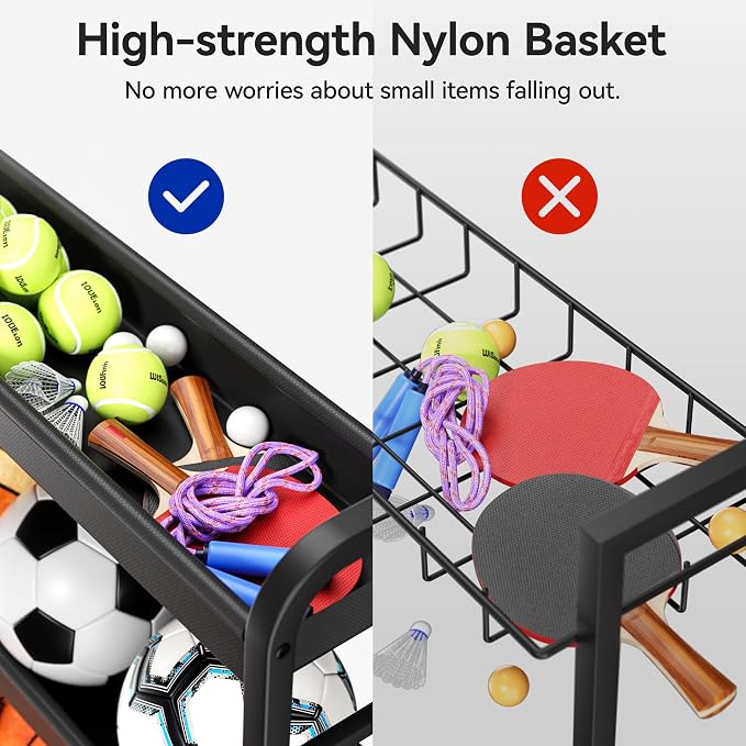 Sports Equipment Organizer, Large Capacity Garage Ball Storage Rack | Heavy-Duty Rolling Ball Cart with Locking Wheels for Basketball, Soccer & Sports Gear