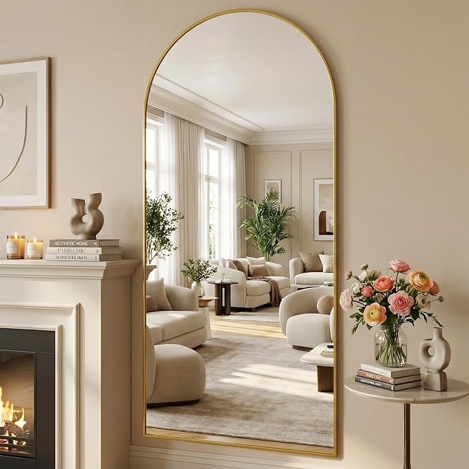 Suidia 81"x41" Arched Full Length Mirror with Stand, Full Body Mirror with Aluminum Frame, Freestanding/Leaning/Wall-Mounted, Floor Mirrors for Bedroom, Living Room, Entryway, Dressing Room, Gold