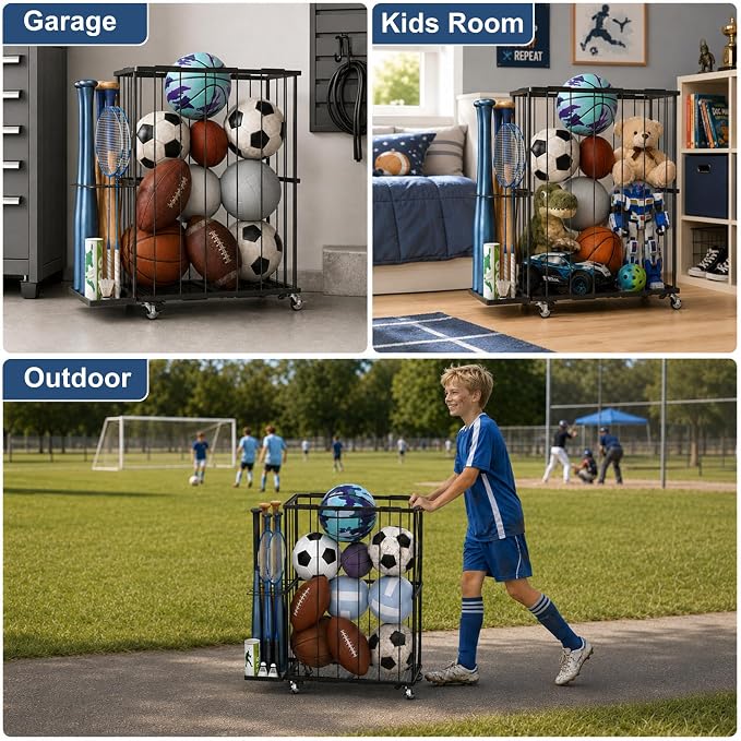 Garage Ball Storage Rack with Wheels, Metal Sports Ball Holder | Basketball Soccer Volleyball Holder with Adjustable Elastic Cords, Ball Organizer Space Saving Rack for Basement Gym Outdoor
