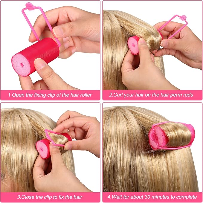 40 Pieces Sponge Hair Rollers Satin Rollers Silk Foam Roller Women Hair Curlers with Duck Teeth Clips for Hairdressing Styling(Rose Red)
