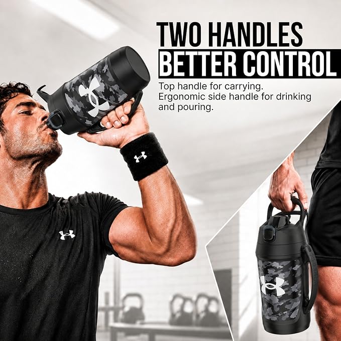 Under Armour Insulated Water Bottle with Handle & Fence Hook, Half Gallon Sports Water Jug, Leak-Resistant & BPA-Free for Baseball, Football & Gym - Black Woodland, 64oz