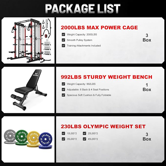 JELENS Smith Machine for Home Gym, Multi-Function M12 Power Cage with Cable Crossover System, Squat Rack with Smith Bar and More Attachment