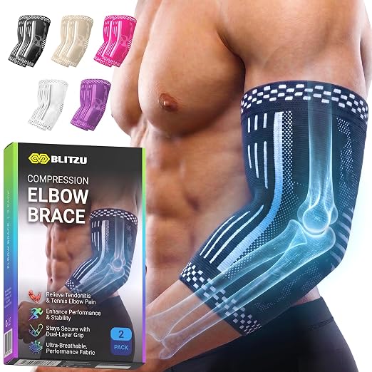BLITZU Elbow Compression Sleeve for Tendonitis, Tennis Elbow Brace 2 Pack L | Targeted Arm Support, Joint Stability, Muscle Recovery, Workout Protection, Tendonitis & Arthritis Relief, All-Day Comfort
