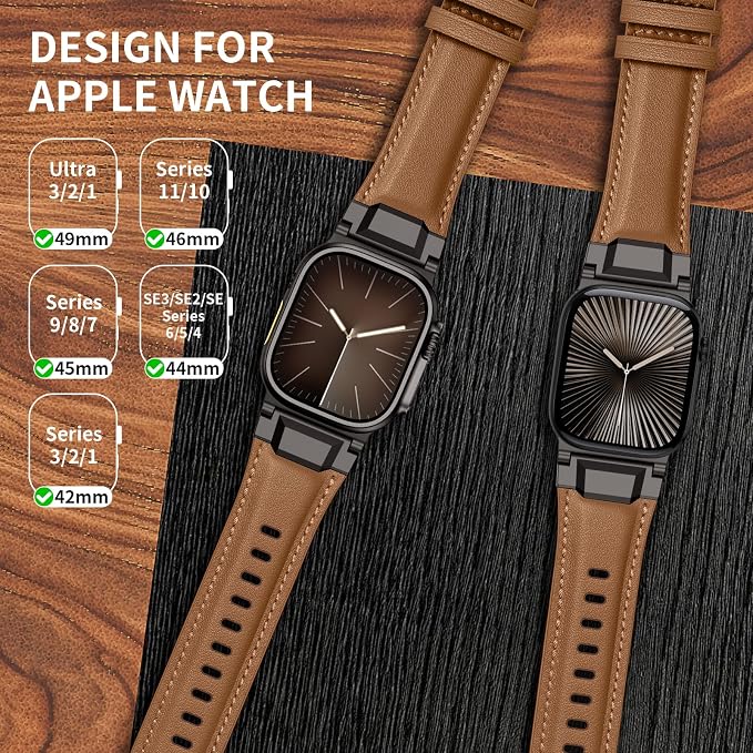 Bands Compatible with Apple Watch Ultra 3/2/1 Band 49/46/45/44mm | Genuine Leather Metal Connector Strap for iWatch Ultra Series 11/10/9/8/7/SE/6/5/4/3/2/1, Light Brown/Black