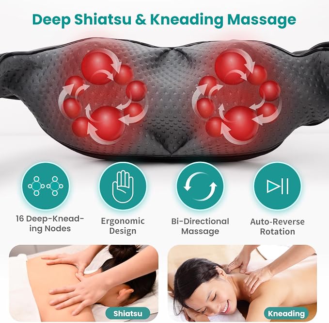 Nekteck Shiatsu Neck Massager with Heat for Pain Relief, NOT Cordless | 2026 Upgraded 3D Back Shoulder Kneading Massage Pillow, 3 Intensity Speeds Deep Tissue, Relaxation Gifts for Men Women, Blue