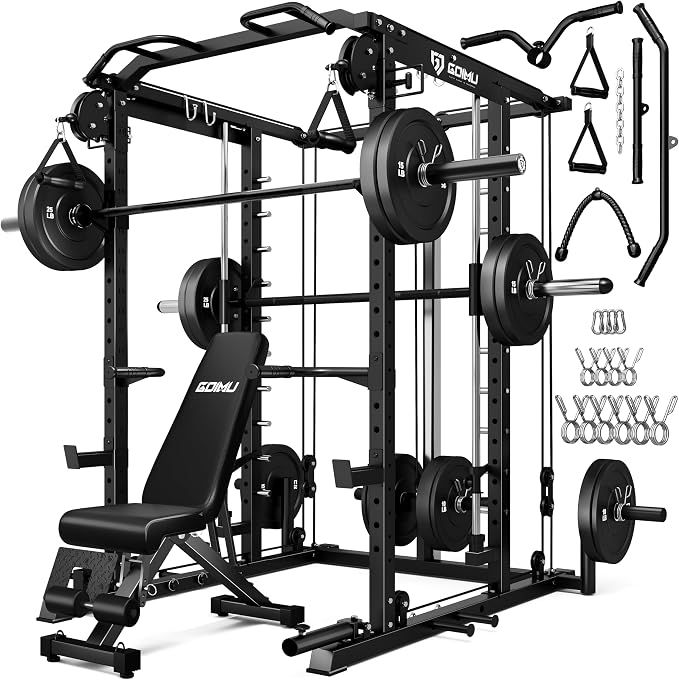 S1-V4 Smith Machine, 2000LBS Power Cage with Cable Crossover System, All-in-One Squat Rack with Smith Bar, Strength Training Equipment for Home Gym