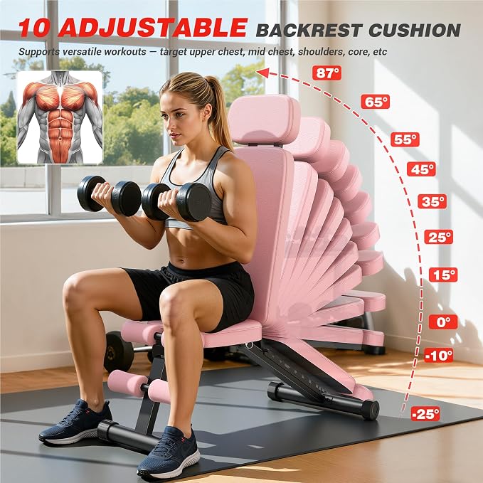 XDDIAS Workout Bench, 10 Backrests Adjustable Weight Bench with Extended Headrest, 800LBS Foldable Weight Bench for Home Gym, Incline Decline Flat Bench Compact for Small Space Training