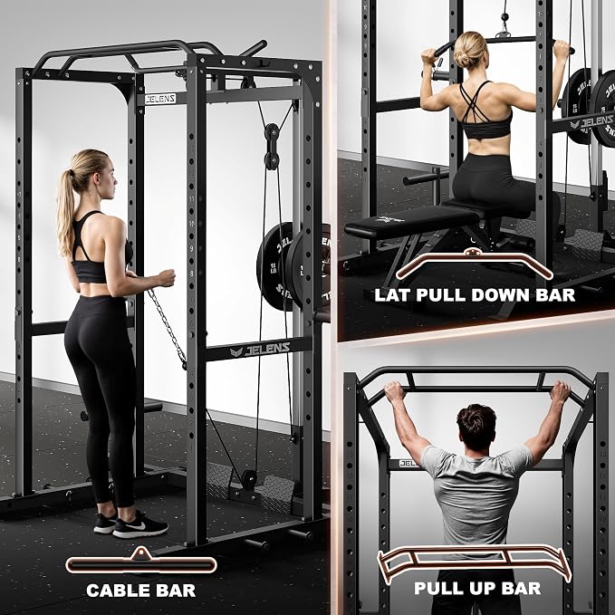 JELENS S21 Power Cage, Multi-Function Power Rack with Adjustable Cable Crossover System, 2000LBS Squat Rack for Home Gym with More Training Attachments