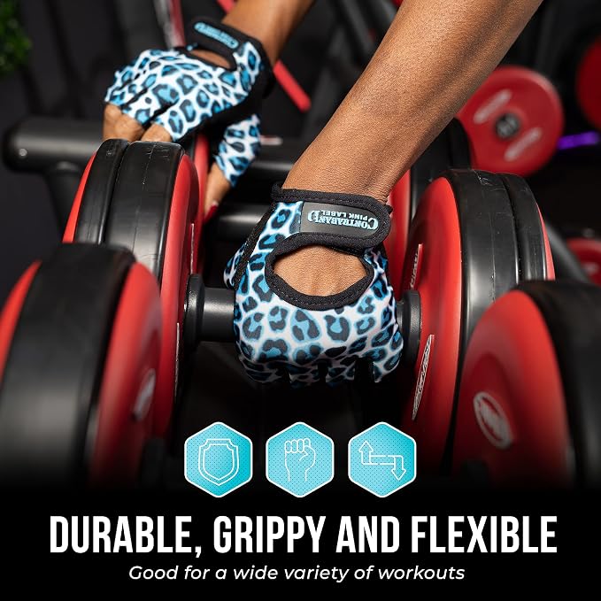 Contraband Pink Label 5297 Womens Design Series Leopard Print Lifting & Rowing Gloves (Pair) - Lightweight Vegan Medium Padded Microfiber Amara Leather w/Griplock Silicone