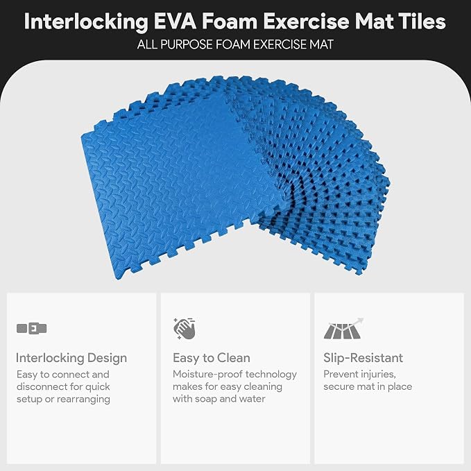 BalanceFrom Puzzle Exercise Mat with EVA Foam Interlocking Tiles (Blue) | Tiles for Home Gym, Mat for Home Workout Equipment, Floor Padding for Kids, Blue, 24 in x 24 in x 3/4 in, 96 Sq Ft - 24 Tiles