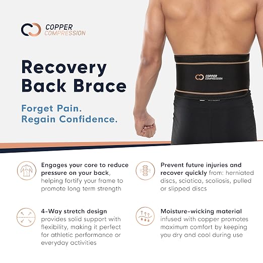 Copper Compression Back Brace. Copper Infused Lumbar Support for Lower Back Relief, Sciatica, Herniated Disc, Scoliosis, Pain & Strains. Adjustable & Breathable. Fits Men & Women (Waist 28" - 34")