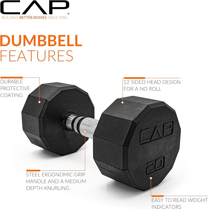 CAP Rubber Coated Dumbbell Weights, Free Weights for Home Gym Strength Training, Anti-Roll Hex Dumbbells with Black, Chrome & Comfort Grip Handles, Pairs & Sets