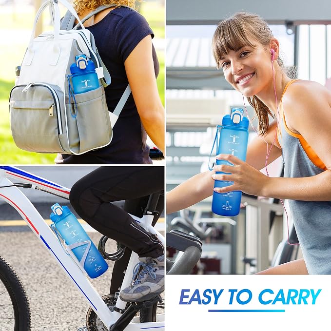 YC Kitchen 32oz Motivational Water Bottle with Straw & Carrying Strap | Leak-proof BPA Free Sports Water Bottles with Time Marker, with Times to Drink,Fitness, Gym, and Outdoor Sports