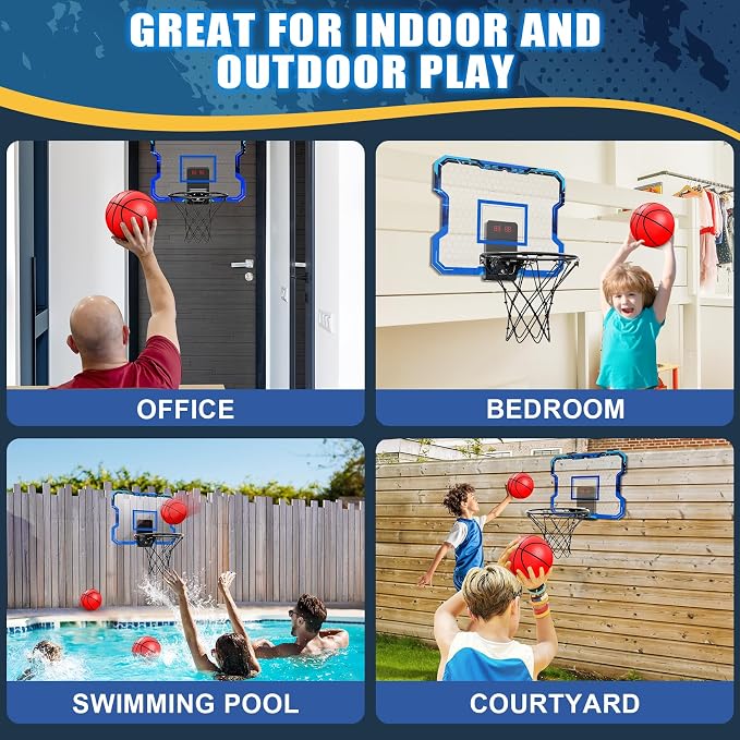 Indoor Basketball Hoop for Kids with Electronic Scoreboard, Over The Door Mini Basketball Hoop with 4 Game Modes, Breakaway Rim, 3 Balls & Pump, Basketball Toy Gift for Boys Girls Ages 6-12