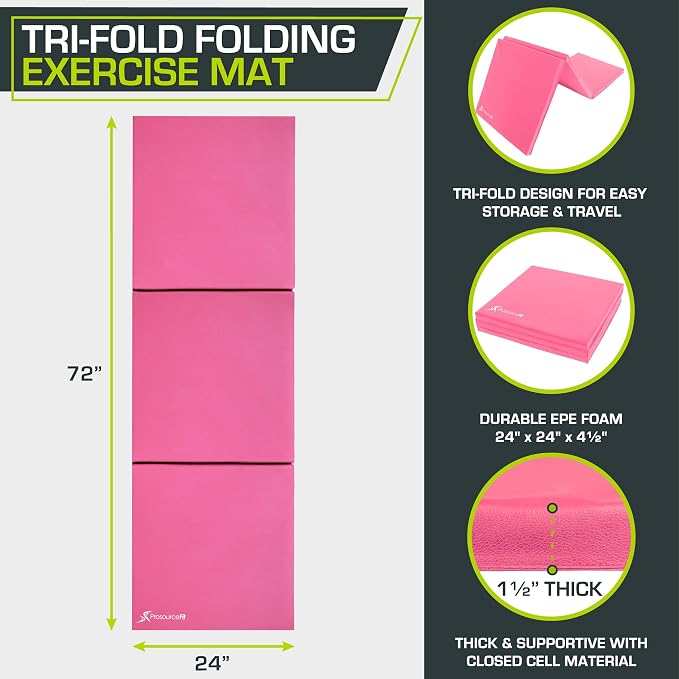 ProsourceFit Tri-Fold Folding Thick Exercise Mat 6’x2’ with Carrying Handles for MMA, Gymnastics, Stretching, Core Workouts