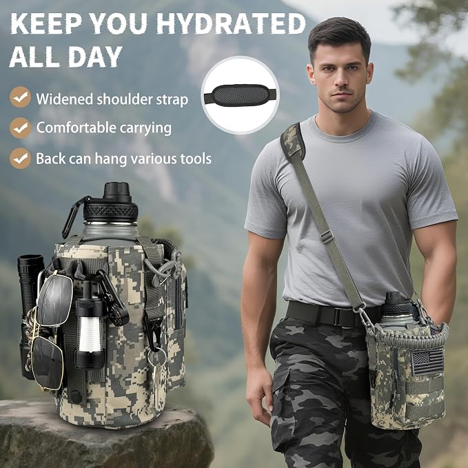 DEFUNX Half Gallon Water Bottle Insulated with Sleeve - Tactical 64 oz Stainless Steel Water Jug with MOLLE Water Bottle Pouch, Gym Water Bottles for Men Hiking Workout (ACU Camo)