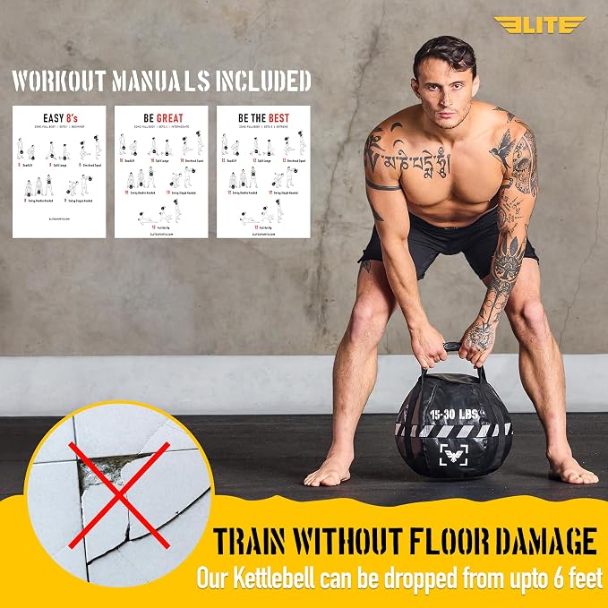 Elite Kettlebell Sandbag - Heavy Duty Sand Weights Bag for Cross Training, Strength Training, Workout, Functional Fitness, Adjustable Weight, Durable Training Equipment for Home & Gym (UN-FILLED)