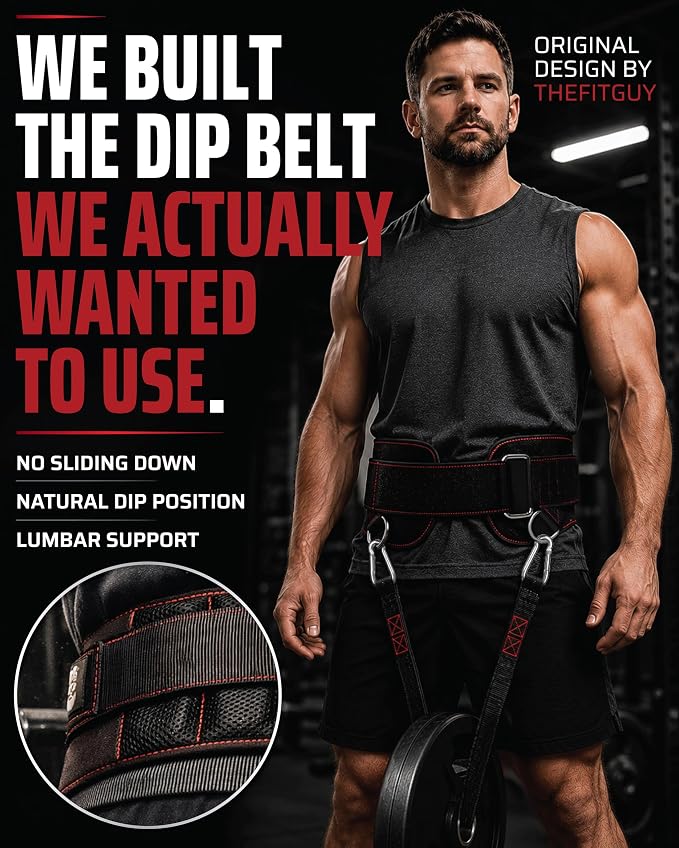 THEFITGUY Original Dip Belt with Strap for Dips, Pull-Ups, Squat Attachment | Secure hook-and-loop closure, structured back support, 45-degree D-rings, 40in strap, 2 hooks, up to 250lb