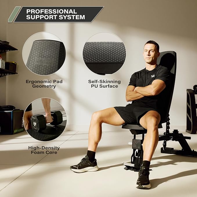 MAJOR FITNESS AH64 Apache Adjustable Weight Bench with Foot-Pedal Adjustment, 1500LB Capacity Flat Incline Decline Bench with 12 Backrest & 4 Seat Positions for Home Gym Strength Training