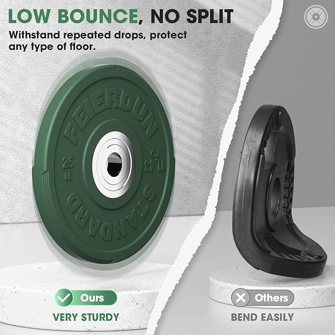 FEIERDUN Color Bumper Plate Set, 2-Inch Olympic Weight Plates, Low Bounce Rubber Barbell Plates with Stainless Steel Insert for Weightlifting, Strength Training, CrossFit & Home Gym, 10LB-370LB