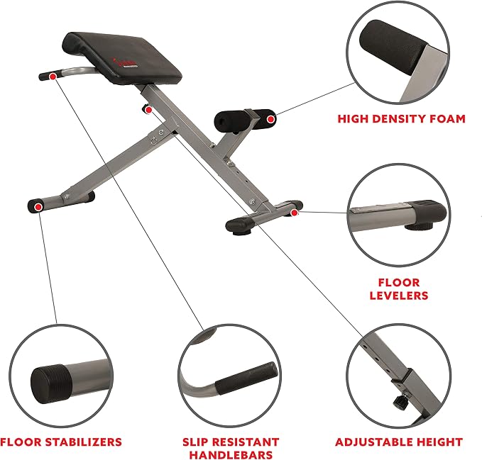 Sunny Health & Fitness Foldable Roman Chair, Back Hyperextension Bench | Adjustable Height, Folds Flat for Storage, Built in Dip Station, Targets Back, Abs & Core, Crunches & Back Extensions
