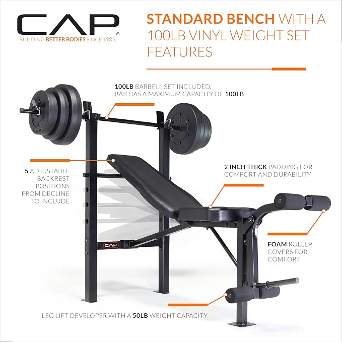 CAP Barbell Standard Weight Bench with Leg Developer and a 100 LB Vinyl Weight Set – Adjustable Backrest, Barbell, and Cement Plates for Home Gym