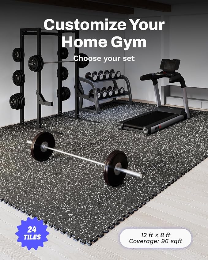 AIRHOP 0.56in Thick 96 Sq Ft Exercise Equipment Mats, 24 Tiles Upgraded Rubber Top with High Density EVA Foam, Large Interlocking Puzzle Gym Flooring for Home Gym, Heavy Weight Workout, 24 x 24in