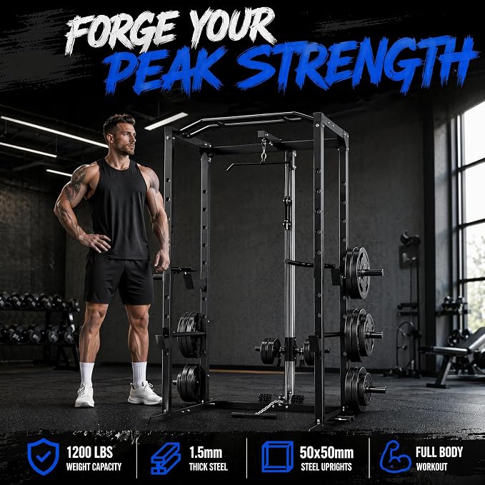 5-in-1 Power Rack Heavy Duty Home Gym | 5 Configs: Only, +Pulley, +Bench, +150LB, +240LB. 1200LB, 50x50mm, 83"H. J-Hooks, Safety Bars, Landmine. Olympic 2" Plates.