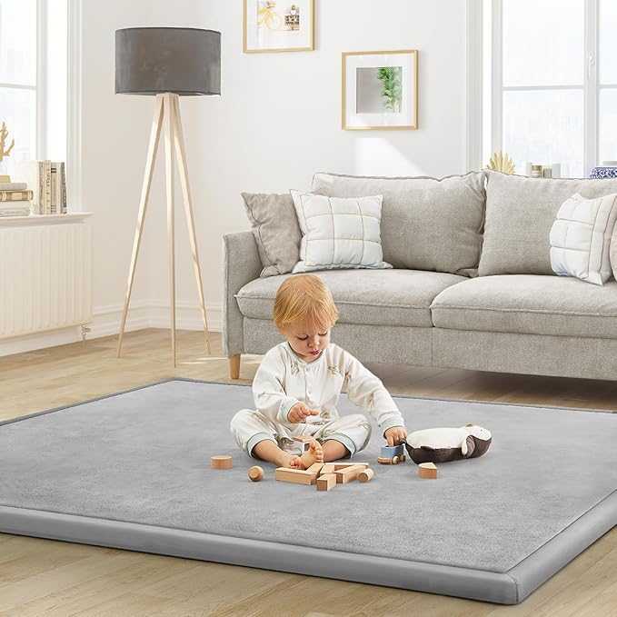 Baby Play Mat for Floor Nursery Rug Muscle Mat Area Rug Playroom Rug 59"x71" Playpen Mat Elastic Foam 1.3" Thick Crawling Mat for Babies,Toddlers, Infants, Kids,A Light Gray