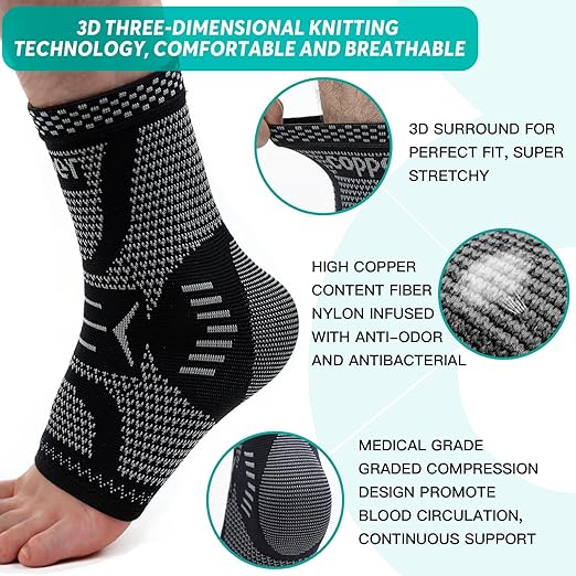 INDEEMAX Copper Ankle Brace Ankle Compression Sleeve Support Ankle Brace for Women & Men, Achilles Tendonitis Brace, Plantar Fasciitis, Sports, Silver Black, M