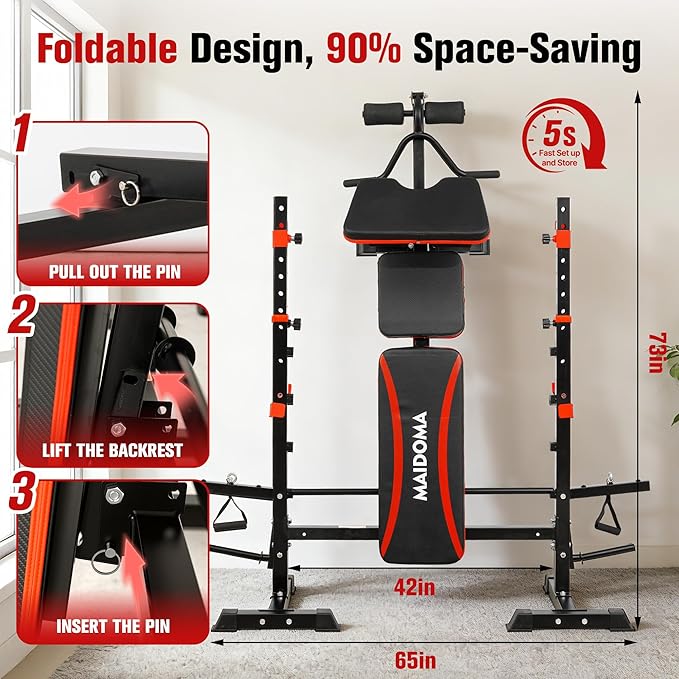MAIDOMA 8 IN 1 Standard Weight Bench Set with Leg Extension and Leg Curl, Fast Folding & Adjustable Workout Bench for Home Gym,Adjustable Bench Press with Squat Rack.（US Stock）