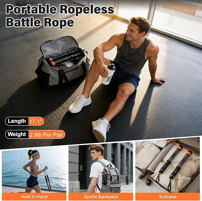 Weighted Ropeless Battle Ropes Adjustable Weight - Portable Cordless Battle Ropes for Home Gym with Workout Poster, Strength Building, HIIT & Low-Impact Cardio Training for Men & Women (Black)