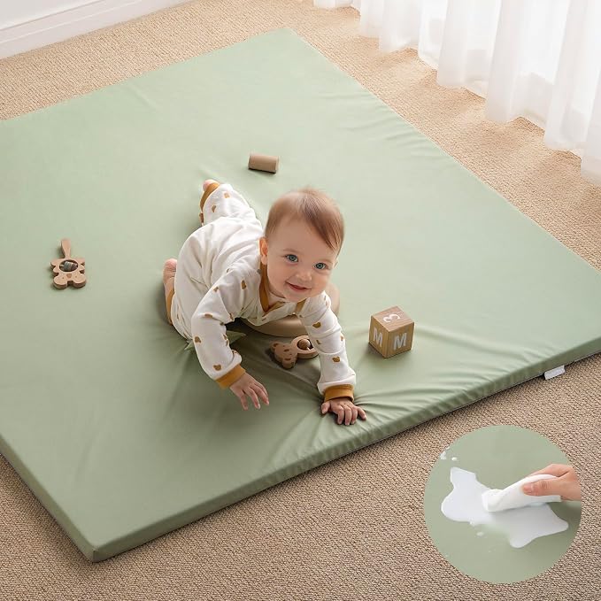 Blissful Diary Vegan Leather Baby Play Mat, 50''x50'', Light Green | thick cushion, safe and soft fabric, waterproof and wip clean, indoor use, non-slip bottom, stylish mordern decor