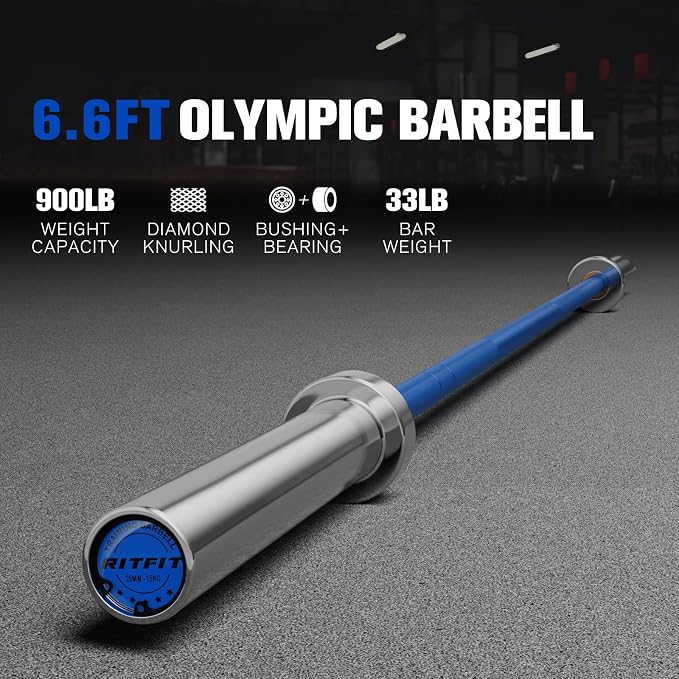 RitFit Elite 7ft Olympic Barbell, Robust 45lb Barbell for Weightlifting and Powerlifting, Superior Olympic Bar with Exceptional 500lbs Load Capacity, Weight Bar for 2” Standard Plates