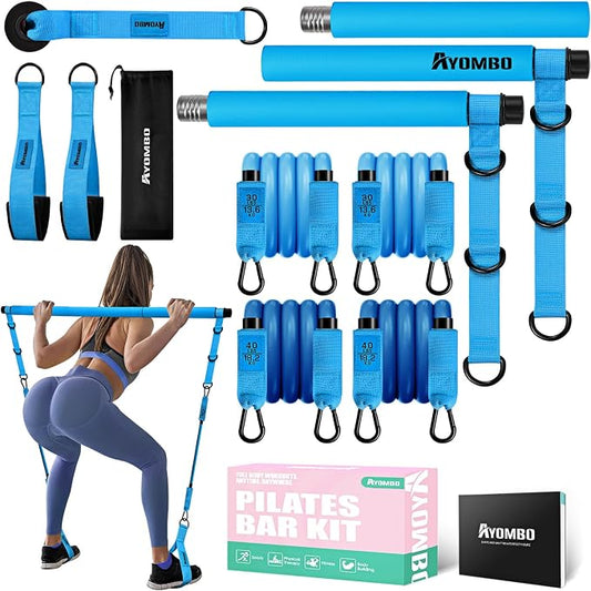 Ayombo Pilates Bar Kit with Resistance Bands, Pilates Workout Equipment for Legs, Hip, Waist, Arm, Squats Exercise Equipment for Home Workouts, Adjustable 3-Section Pilates Bar Kit for Women & Men