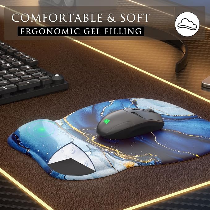 MROCO Ergonomic Mouse Pad with Gel Wrist Rest, 9.4 x 8.1 in, Blue Marble | Ergonomic Shape Design, Multiple Pattern Options, Gel Wrist Comfort, Smooth Lycra Surface, Non-Slip PU Base