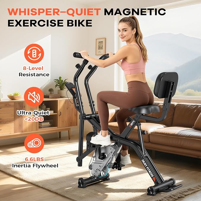 pooboo Folding Exercise Bike, Foldable Upright Stationary Bike, Indoor Cycling Magnetic X-Bike with 8-Level Adjustable Resistance, 6.6 LBS Flywheel, 300LB Capacity, Back Support Cushion for Home Gym