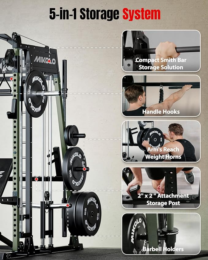 Mikolo M4 2.0 Smith Machine, 2200lbs Squat Rack with LAT-Pull Down System & Cable Crossover Machine, Training Equipment with Leg Hold-Down Attachment