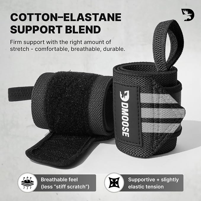 DMoose Fitness Wrist Wraps for Weightlifting 18" - Heavy Duty Gym Wrap with Hand Thumb Loop for Support & Pain Relief, USPA Approved Powerlifting, Weight Lifting Wrist Straps for Men & Women Work Out