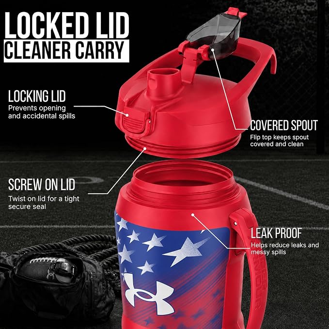 Under Armour Insulated Water Bottle with Handle & Fence Hook, Half Gallon Sports Water Jug, Leak-Resistant & BPA-Free for Baseball, Football & Gym - Red Americana, 64oz