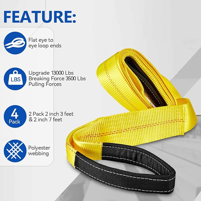 Pindex 2 Pack 2" x 3' & 2 Pack 2" x 7' Web Lifting Sling 13000 Lbs Breaking Force 3500 Lbs Pulling Forces Lift Sling Straps for Rocks Trees Mowers Tool Boxes in Trailers Tractors Trucks, Yellow