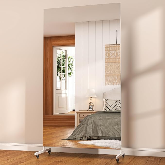 Hasipu 71" x 32" Large Full Length Rolling Mirror with Wheels, White | Tempered glass, sturdy metal frame, smooth rolling casters, removable stand, ideal for gym, bedroom, dance studio & yoga.