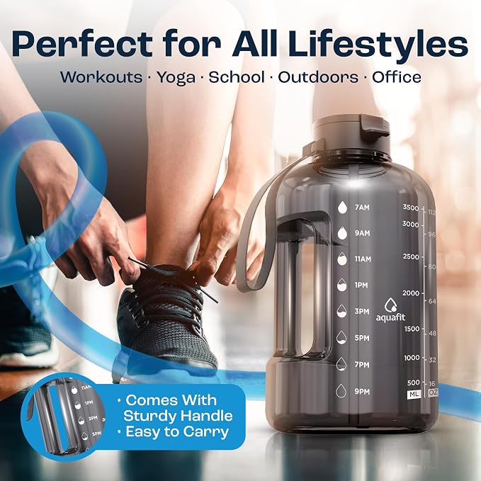 AQUAFIT 1 Gallon Water Bottle with Time Marker | BPA Free 128 oz Water Bottle with Straw and Chug Lids - Leakproof Gym Water Bottle with Carry Handle (Forest Fade)