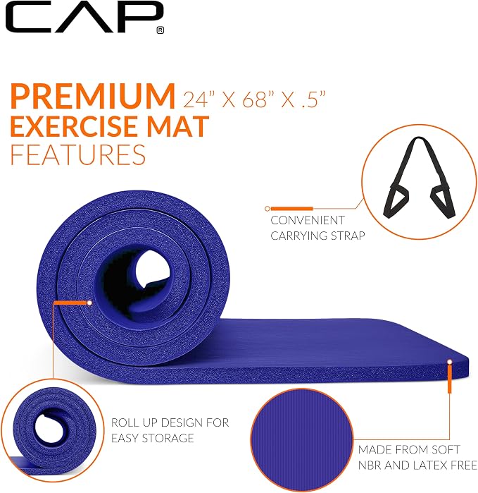 CAP Barbell 1/2-Inch High Density Exercise Yoga Mat with Strap | Multiple Options