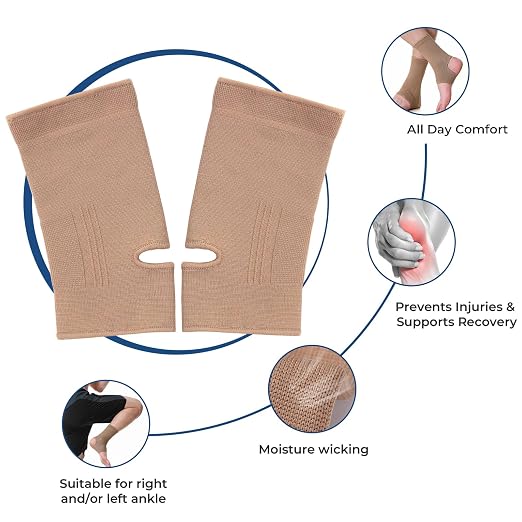 NeoTech Care Ankle Support Sleeve - Open Heel, Light, Elastic & Breathable Knitted Fabric - Medium Compression - For Men, Women, Kids - Right or Left Foot (Beige Color, Size M, 1 Pair)