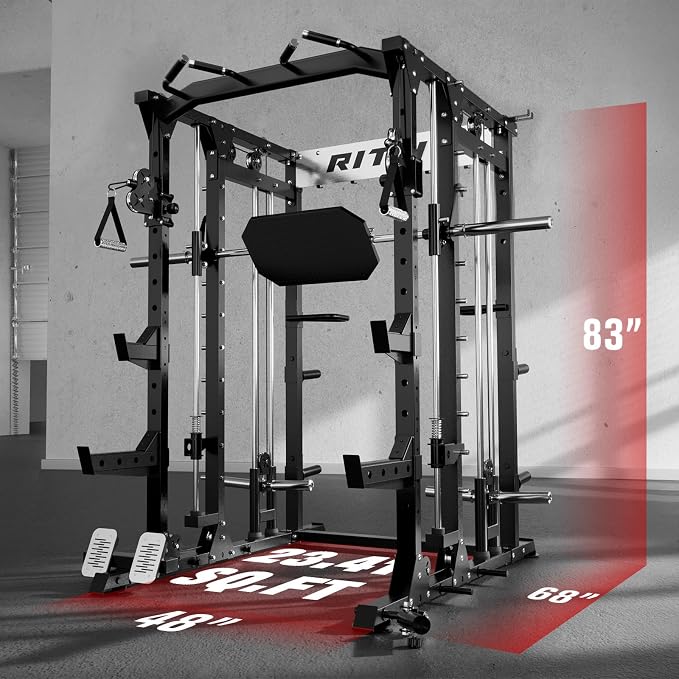 RitFit Buffalo Smith Machine, Power cage with LAT-Pull Down System & Cable Crossover System, All-in-One Squat Rack for Home Gym, Power Rack
