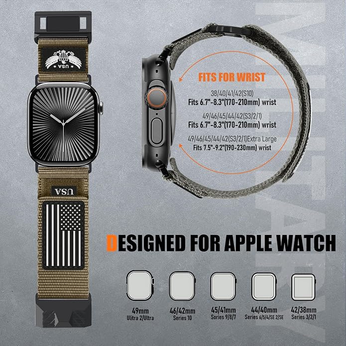 Rugged Nylon- Compatible with Apple Watch Ultra 3/ Ultra 2 Band 49mm Men,Tactical Soft Woven Stars- Stripes Flag Sport Strap for iWatch Bands 46mm 45mm 44mm 42mm Series 11 10 9 8 7 6 5 4 3 2 1 Se